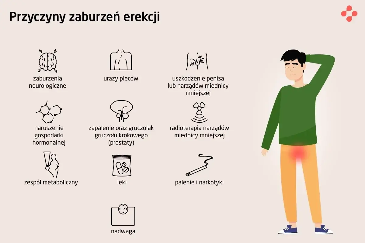 Ilustracja przedstawia przyczyny zaburzeń erekcji: problemy neurologiczne, urazy pleców, uszkodzenia penisa, zaburzenia hormonalne, choroby prostaty, radioterapię, zespół metaboliczny, leki, palenie i narkotyki, nadwagę.