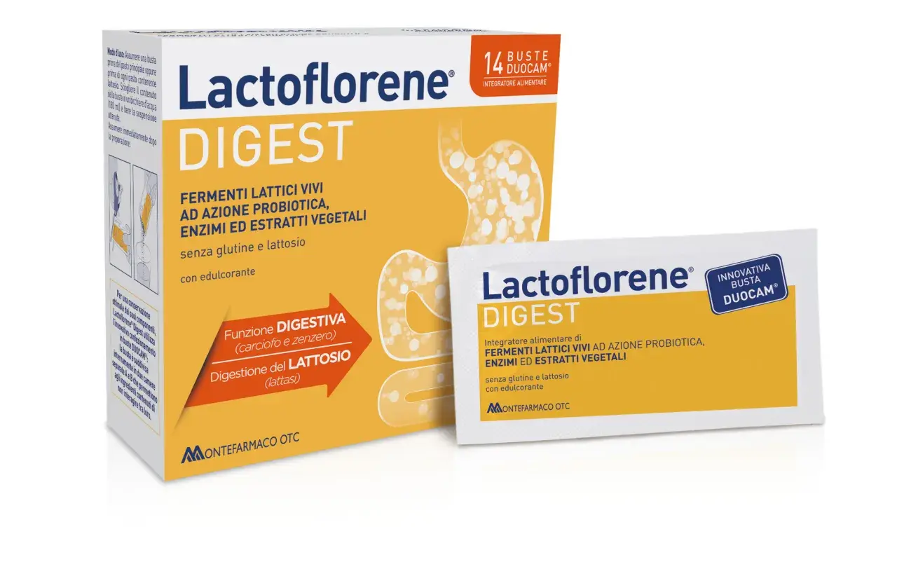 Lactoflorene Digest: il miglior fermento lattico per la digestione, con probiotici, enzimi e estratti vegetali. Senza glutine e lattosio.
