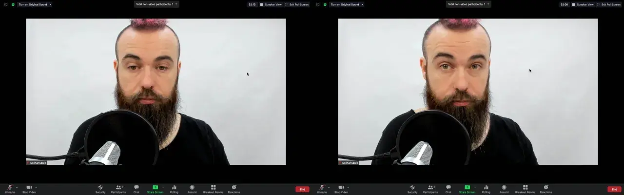 Test kamery: mężczyzna z brodą i różowym irokezem przed mikrofonem, w dwóch oknach.