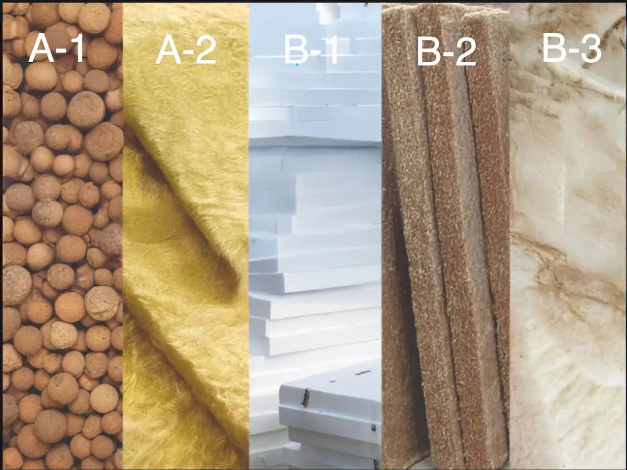 Vergleich von Materialien: A-1 (Kugeln), A-2 (gelbes Gewebe), B-1 (weiße Platten), B-2 (braune Stäbe), B-3 (Marmor). Verschiedene brandverhalten klassen.