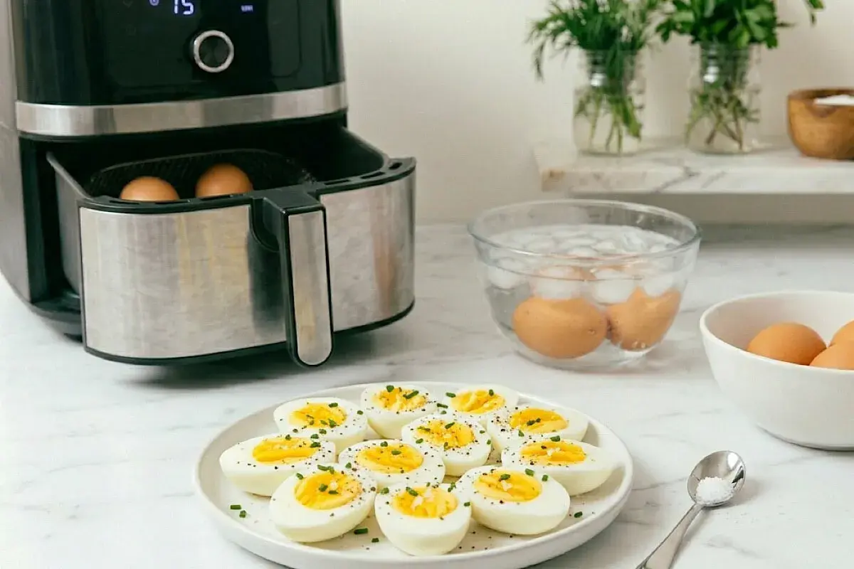Uova sode in friggitrice ad aria pronte per essere gustate. Un modo facile e veloce per preparare un pasto sano.