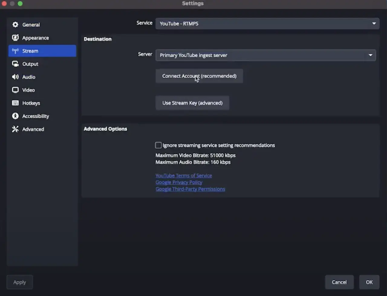 Einstellungen für YouTube-Streaming. Hier wird die Verbindung für deine Nintendo Switch zu Twitch eingerichtet.