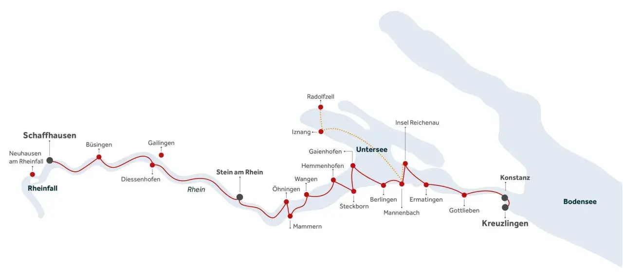 Karte zeigt eine Schifffahrtsroute von Konstanz über den Untersee und Rhein bis zum Rheinfall bei Schaffhausen.