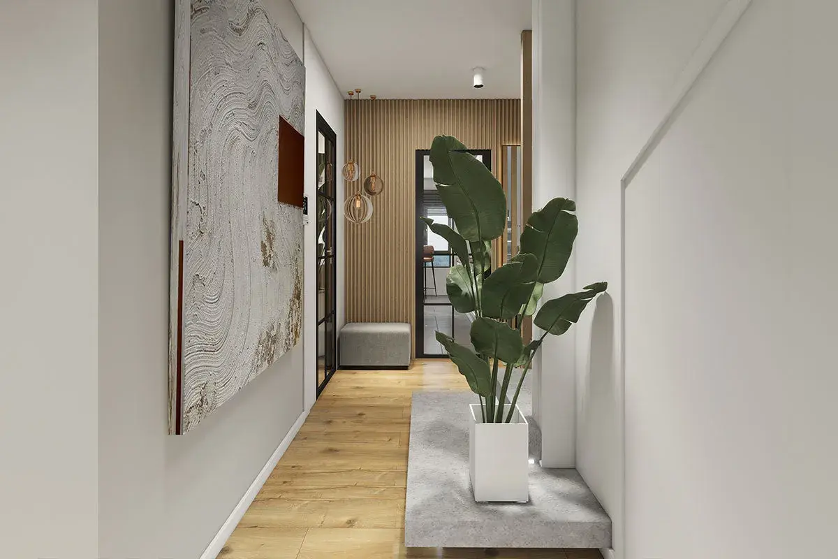 Un corridoio moderno con un grande quadro astratto e una pianta rigogliosa. Ottime idee per la parete del corridoio, con pannelli in legno e illuminazione soffusa.