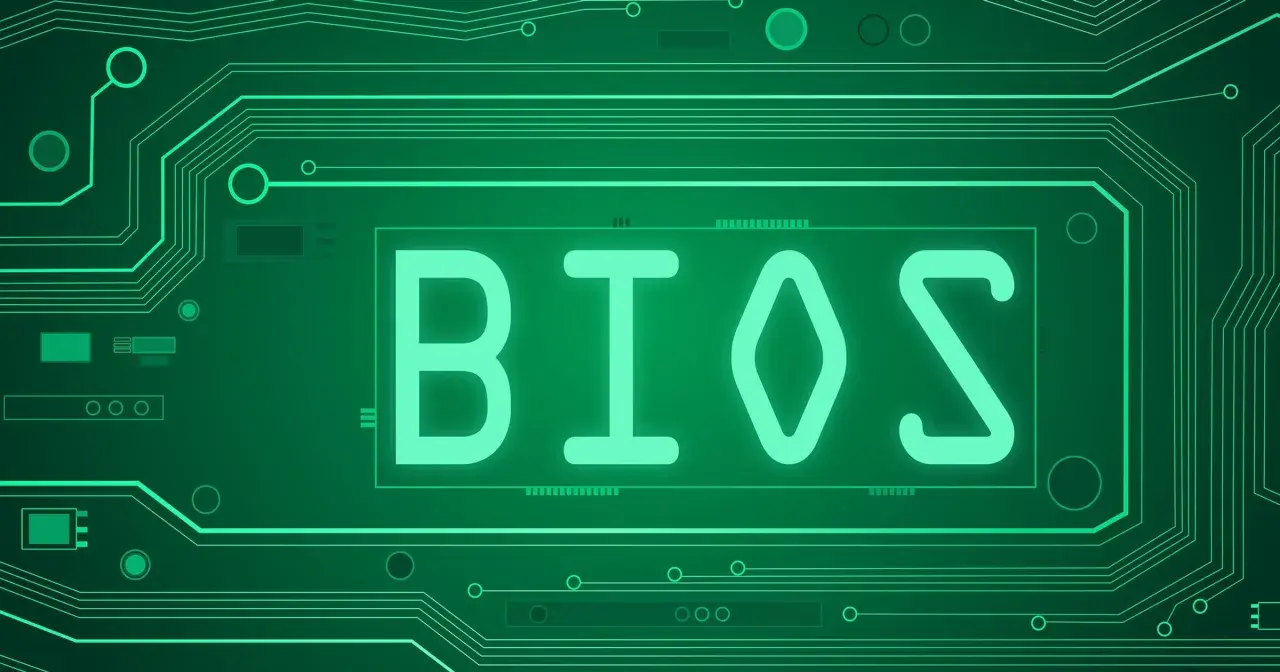 Zielony schemat obwodu drukowanego z napisem BIOS. Dowiedz się, jak zaktualizować BIOS, aby poprawić wydajność komputera.