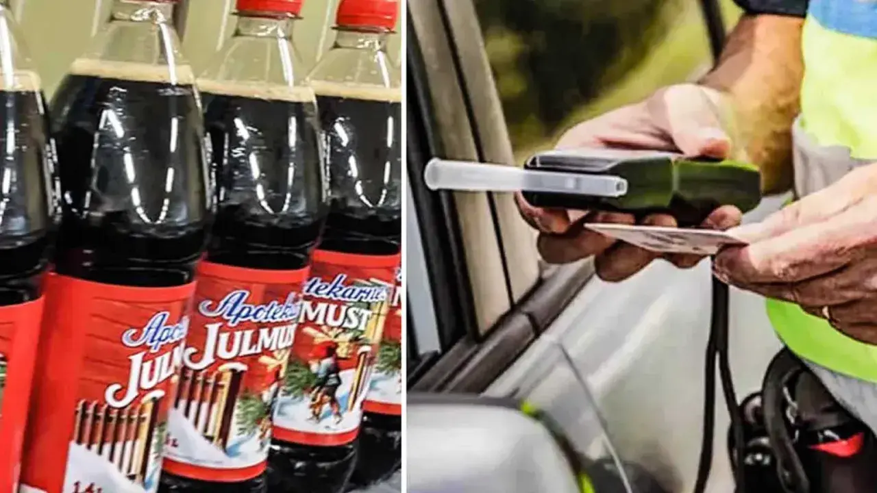 Bottles of Julmust and a person holding a breathalyzer and ID.