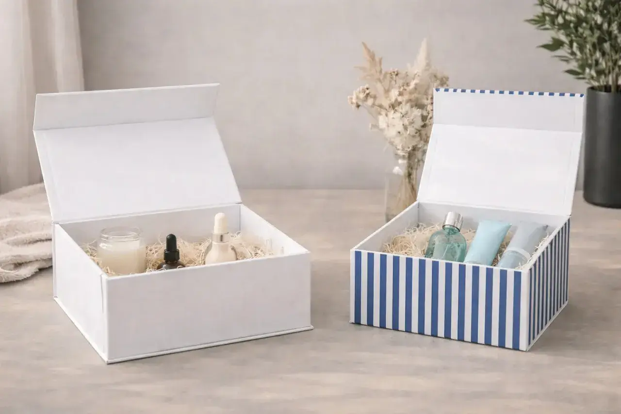 Zwei offene Geschenkboxen, eine weiße mit Pflegeprodukten, eine gestreifte mit Parfum und Cremes. Perfekt zum geschenkbox basteln.