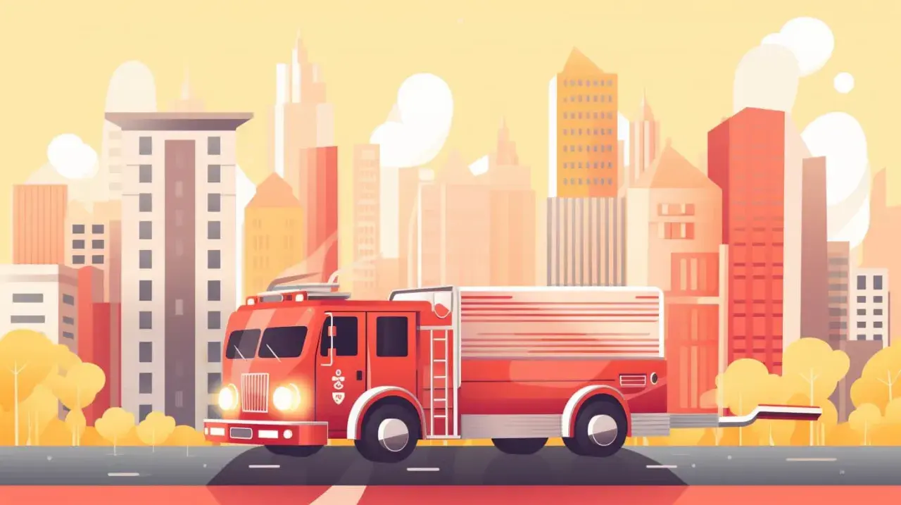 Rotes Feuerwehrauto fährt durch eine stilisierte Stadt. Eine spannende bewegungsgeschichte feuerwehr für Kinder.