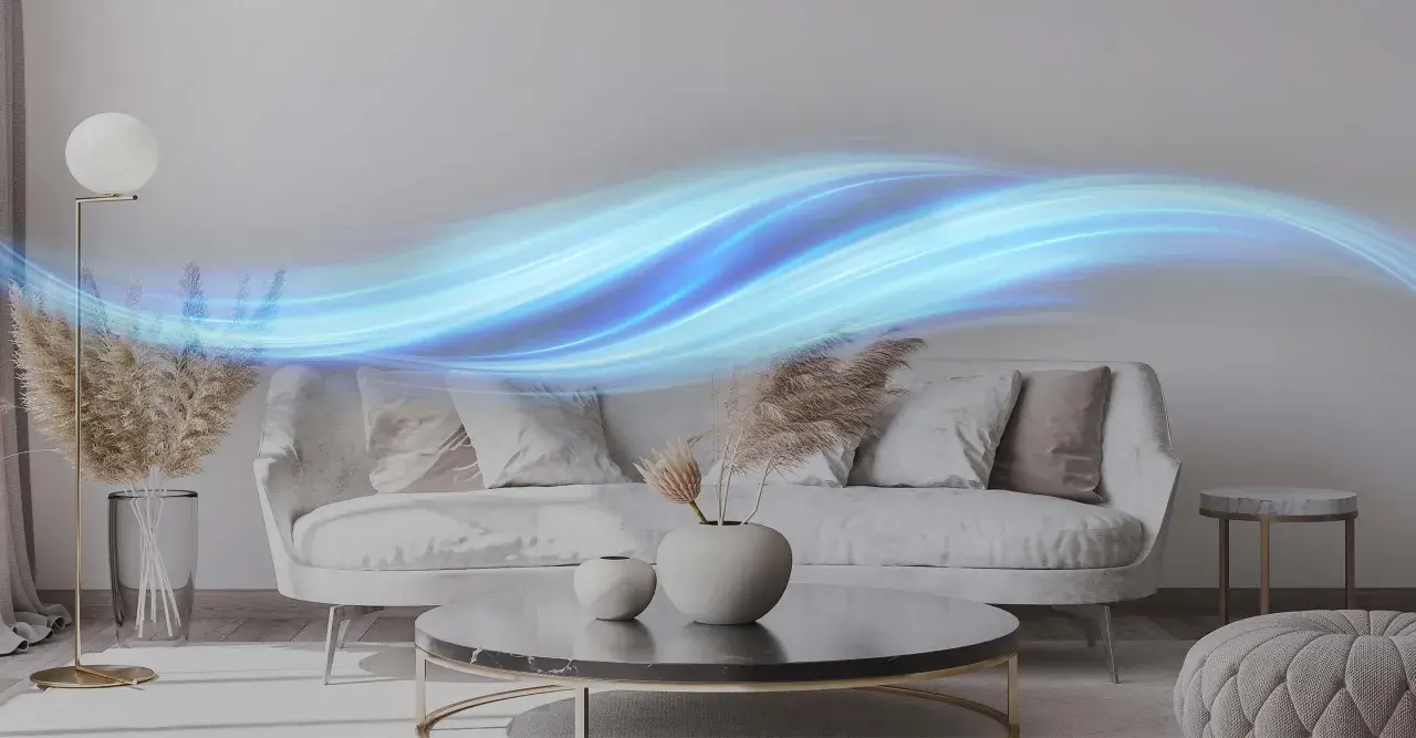 Ondas de aire azul fluyen sobre un sofá moderno, sugiriendo la acción de un ionizador de aire casero purificando el ambiente.