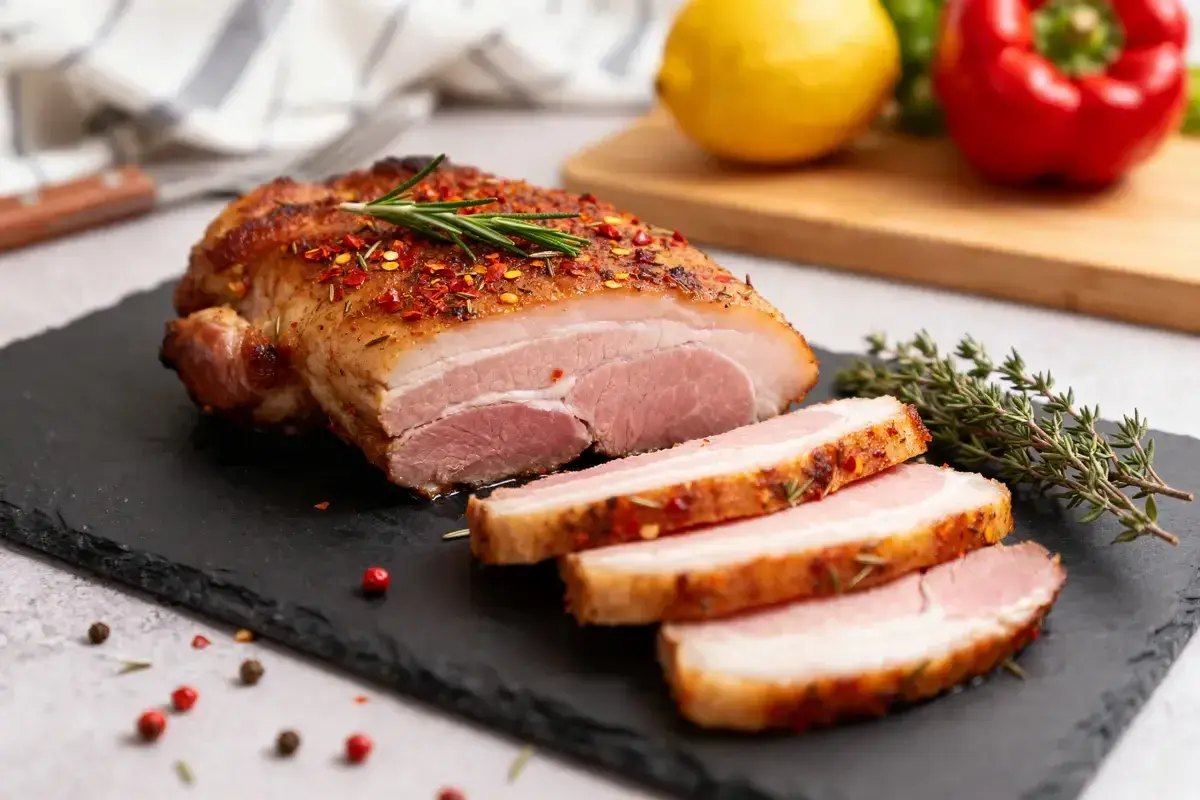 Pluma de porc recette : un rôti de porc juteux, coupé en tranches, assaisonné d'épices et de romarin, prêt à être dégusté.