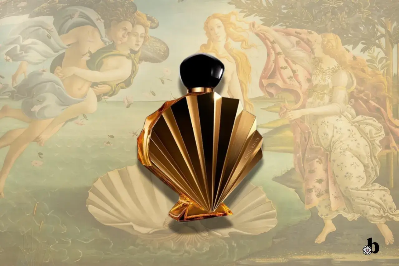 Złota butelka perfum Ricci Ricci na muszli, w otoczeniu postaci z "Narodzin Wenus".