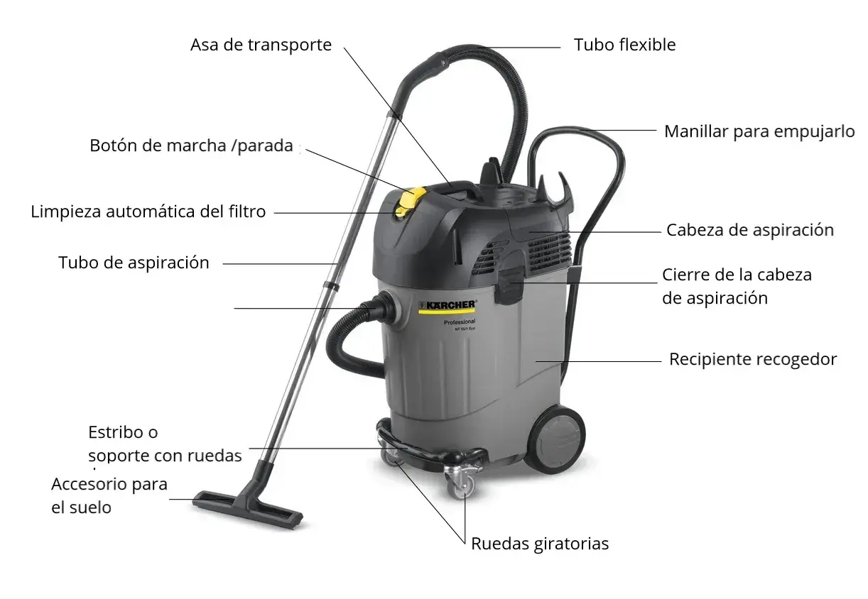 Aspiradora profesional Kärcher con tubo de aspiración, asa de transporte y ruedas giratorias, lista para pasar la aspiradora.
