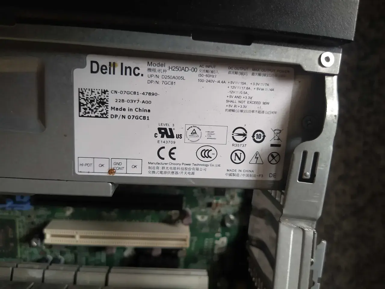 Zasilacz Dell Optiplex 990 specyfikacja: model H250AD-00, 250W mocy, Made in China.