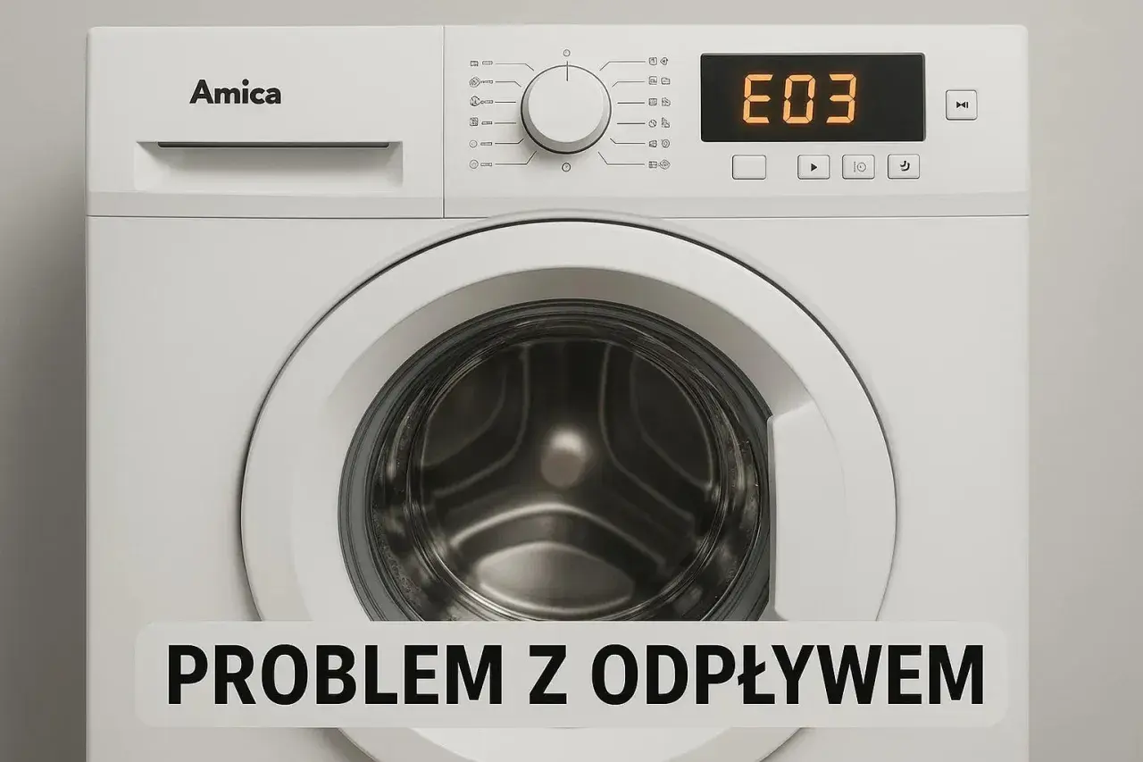 Błąd E03 na pralce Amica sygnalizuje problem z odpływem.
