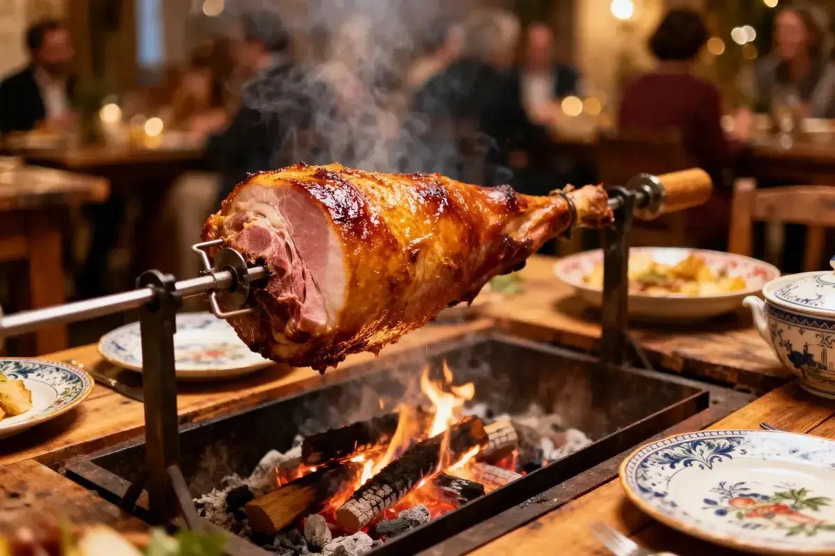 Un jambon à la broche, doré et fumant, cuit au feu de bois. Parfait pour un festin de 50 personnes.