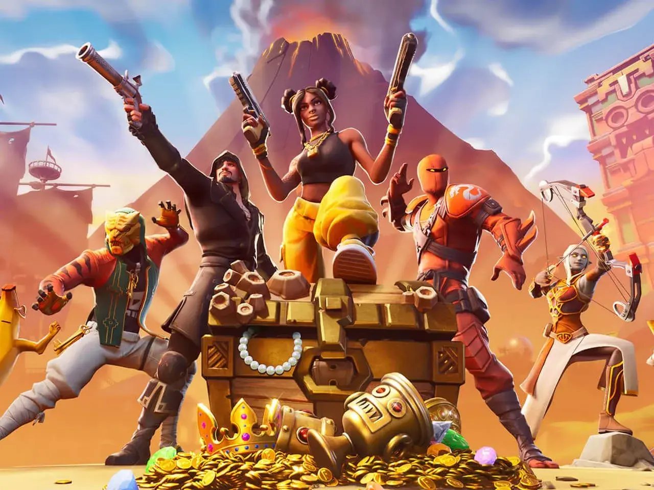 Postacie z gry Fortnite, skarb pełen złota i klejnotów. Idealne dla graczy szukających darmowe gry na PS4.