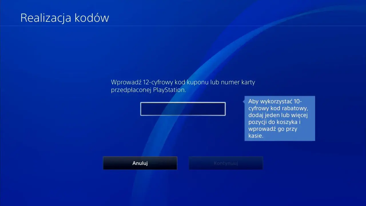 Ekran PlayStation z polem do wprowadzania kodu rabatowego i przyciskami "Anuluj" i "Kontynuuj".