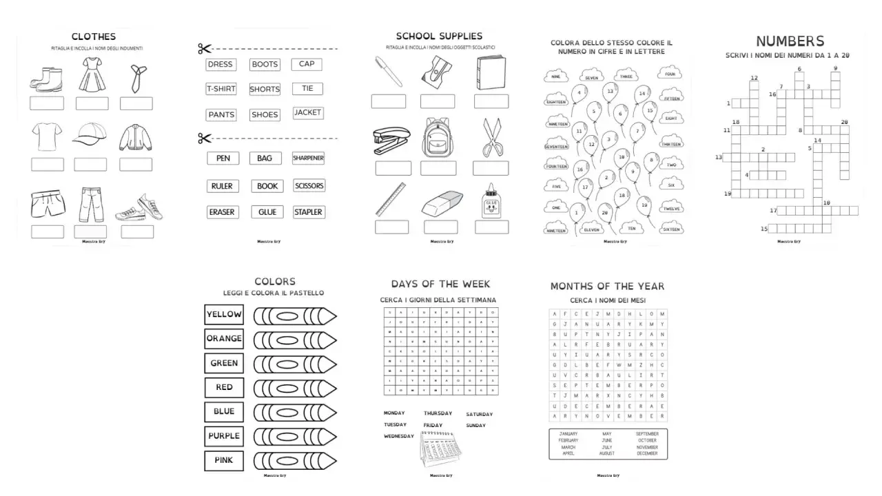 Scheda didattica con disegni per imparare i giorni della settimana in inglese da stampare, insieme a colori, vestiti e materiale scolastico.