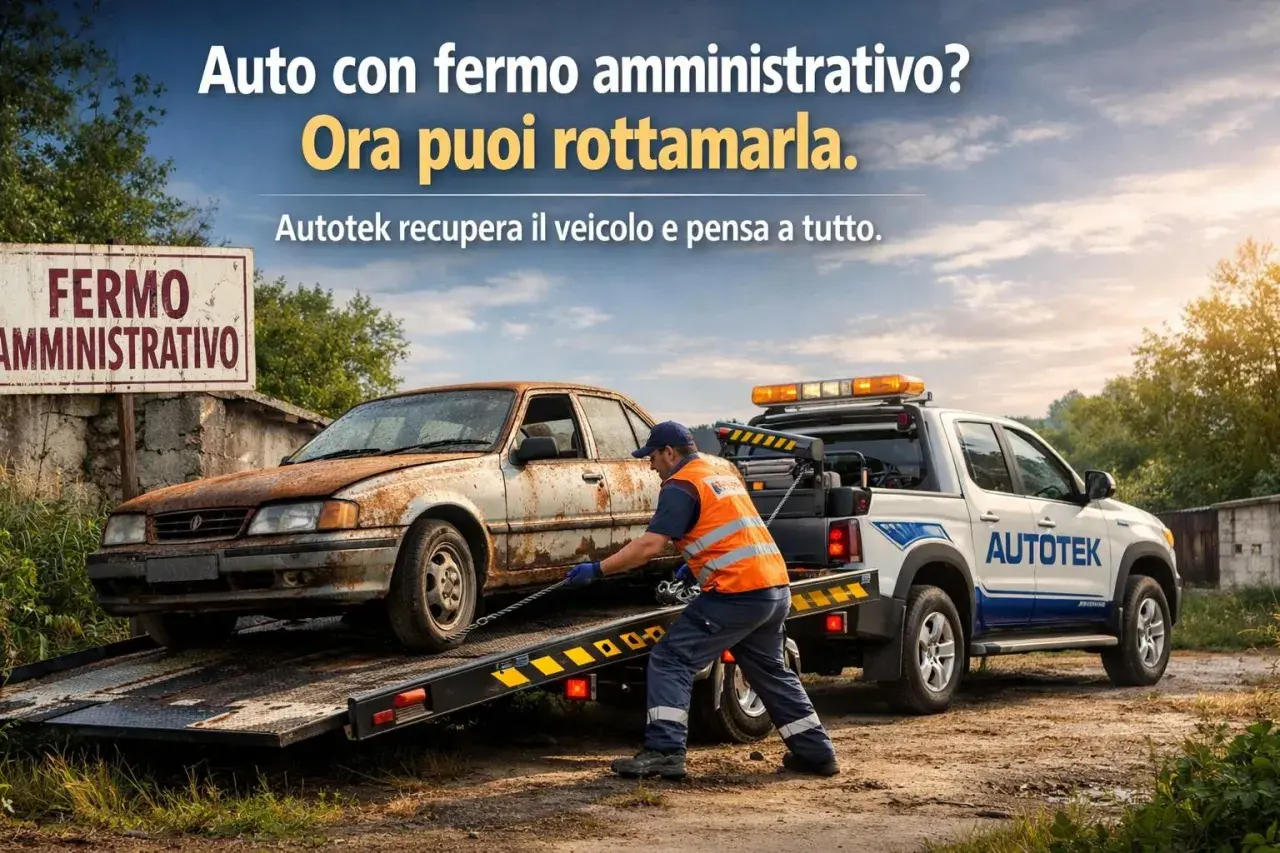 Un carro attrezzi Autotek recupera un'auto arrugginita con fermo amministrativo. Ora puoi rottamarla facilmente.