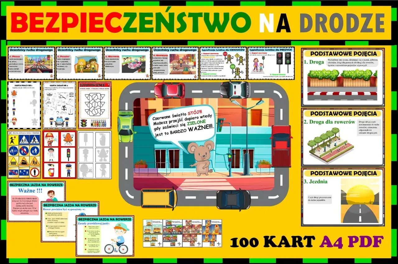 Ilustracja edukacyjna o bezpieczeństwie na drodze, z elementami do nauki o ruchu drogowym, sygnalizacji świetlnej i zasadach jazdy. Pokazuje drogę przebiegu pojazdów i pieszych.