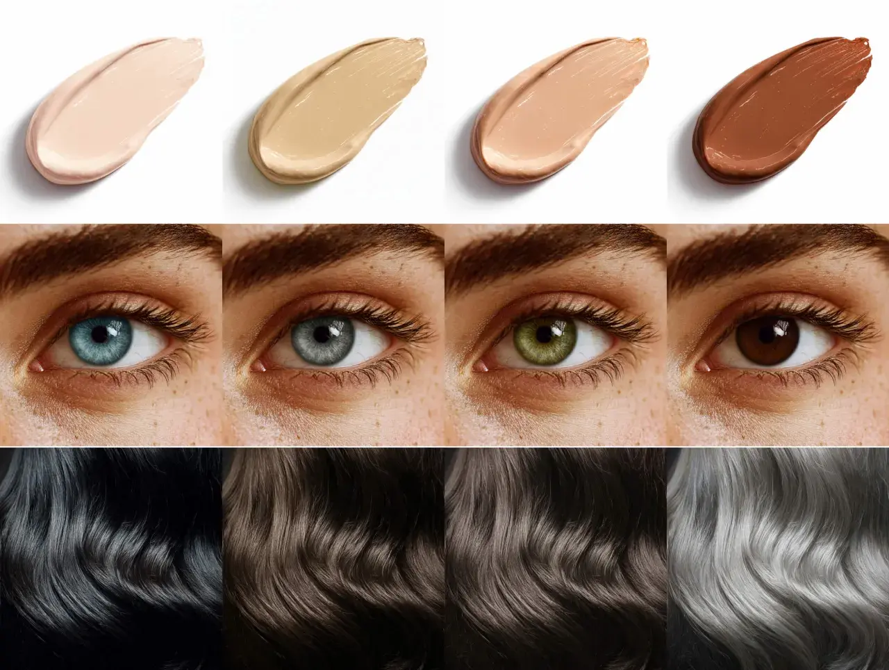 Muestras de bases de maquillaje, ojos de distintos colores y cabellos en diferentes tonos, para la **colorimetría invierno**.