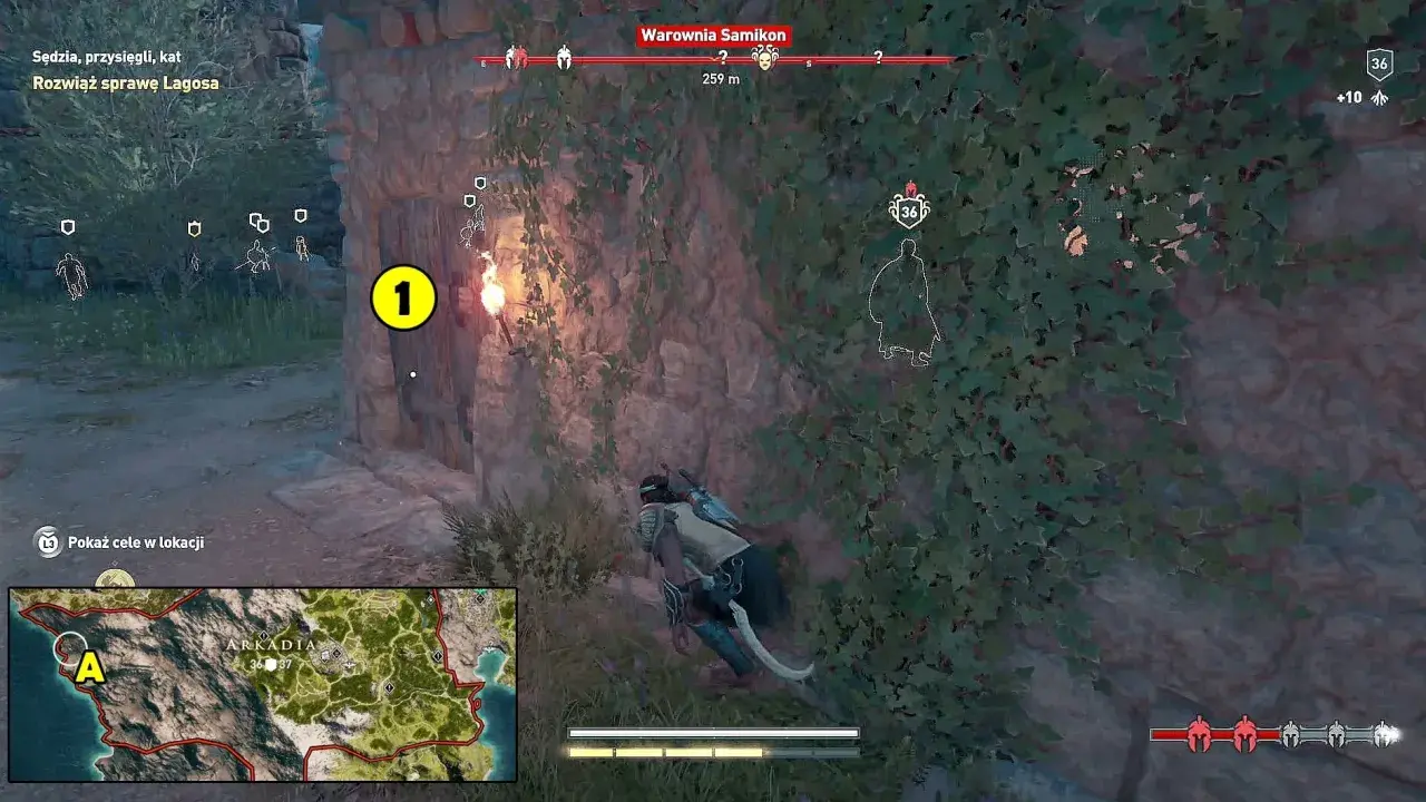 Gracz w Assassin's Creed Odyssey poradnik zbliża się do wejścia oznaczonego cyfrą 1, gdzie czeka go zadanie.