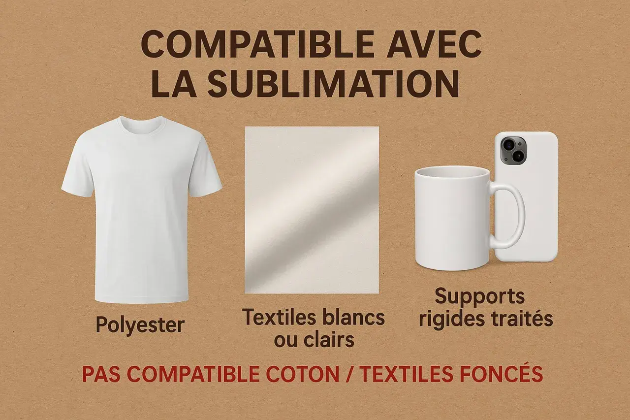 T-shirt en polyester, tissu clair, mug et coque de téléphone : tous compatibles avec l'impression sublimation.
