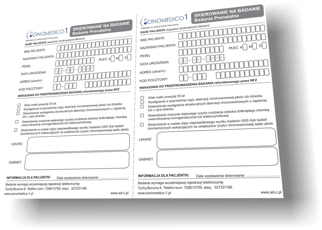 Dwa formularze skierowania na badanie prenatalne, z polami do wypełnienia danych pacjenta i wskazaniami do badań.
