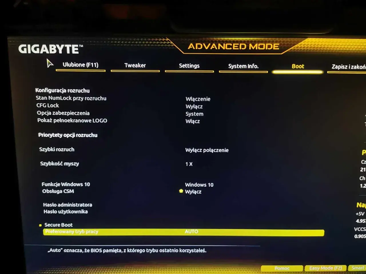 Zaawansowany tryb BIOS GIGABYTE z opcjami rozruchu i Secure Boot.