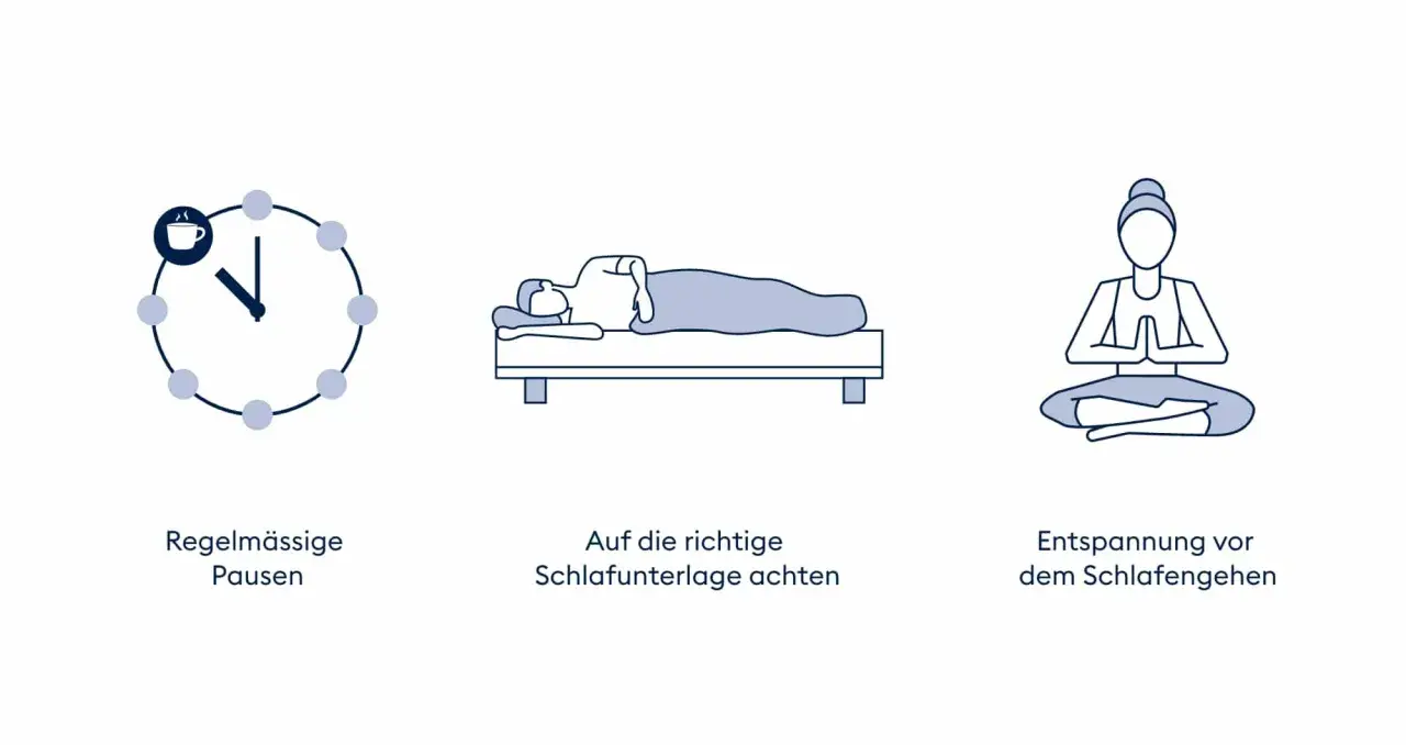 Regelmäßige Pausen, guter Schlaf und Entspannung vor dem Zubettgehen helfen, Stress zu reduzieren.