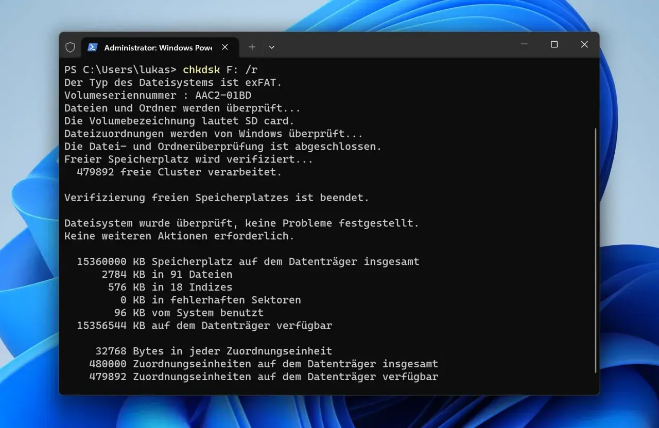 chkdsk SD-Karte: Überprüfung des Dateisystems abgeschlossen. Keine Probleme gefunden.