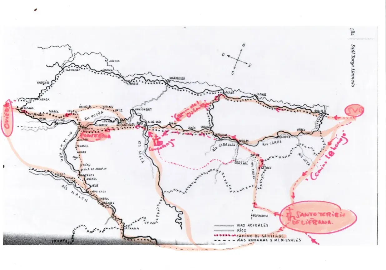 Mapa del Camino de Santiago en Asturias, destacando rutas y lugares como el **puente de Covadonga**.