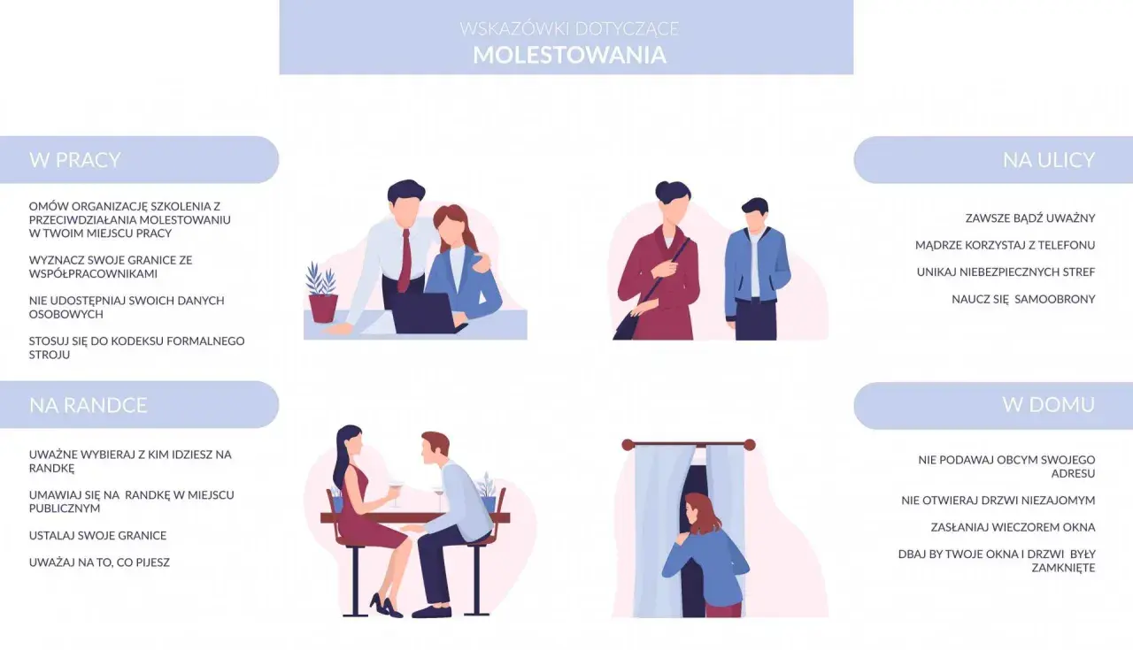 Wskazówki dotyczące przeciwdziałania molestowaniu w pracy, na ulicy, randce i w domu. Ilustracje pokazują sytuacje, w których mogą wystąpić objawy molestowania u dorosłych.