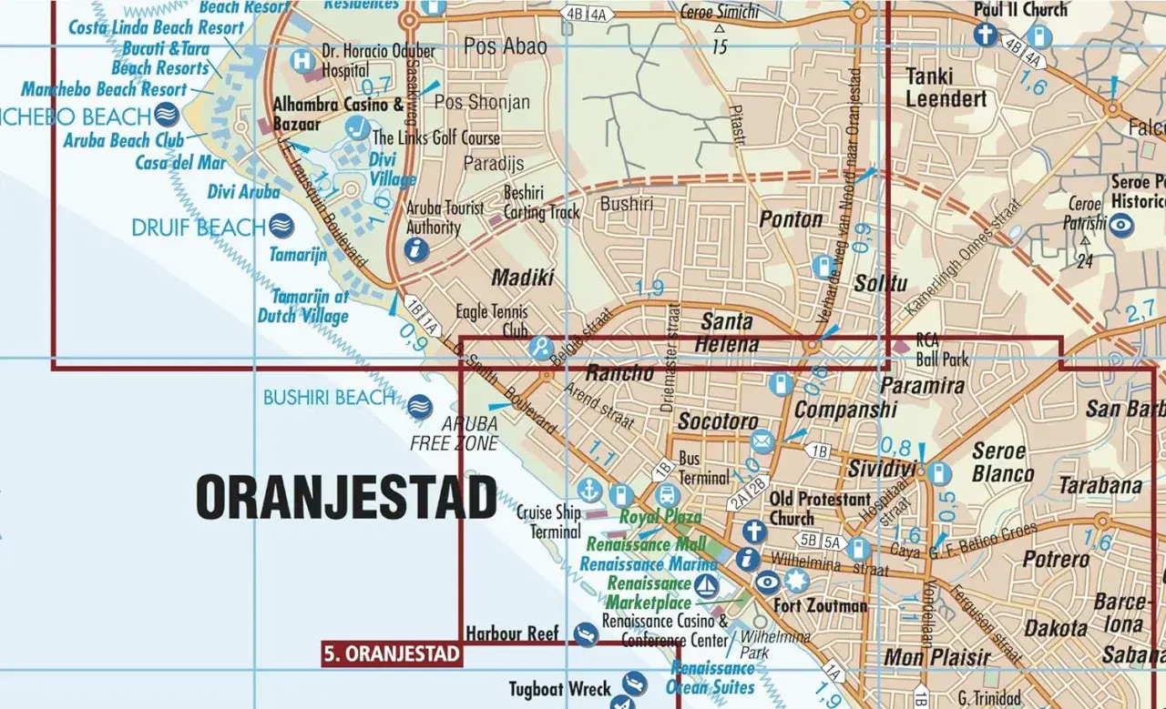 Mapa pokazuje, gdzie jest Aruba, z zaznaczonymi plażami jak Druif Beach i Bushiri Beach, oraz miastem Oranjestad.