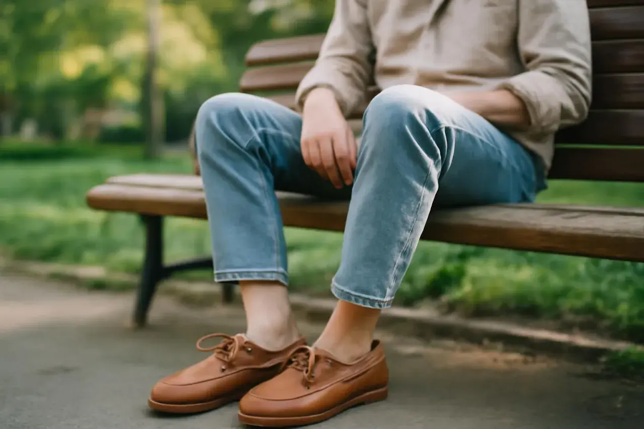 Un homme est assis sur un banc, portant une chemise beige, un jean et une paire de chaussure bateau chaussette en cuir marron.