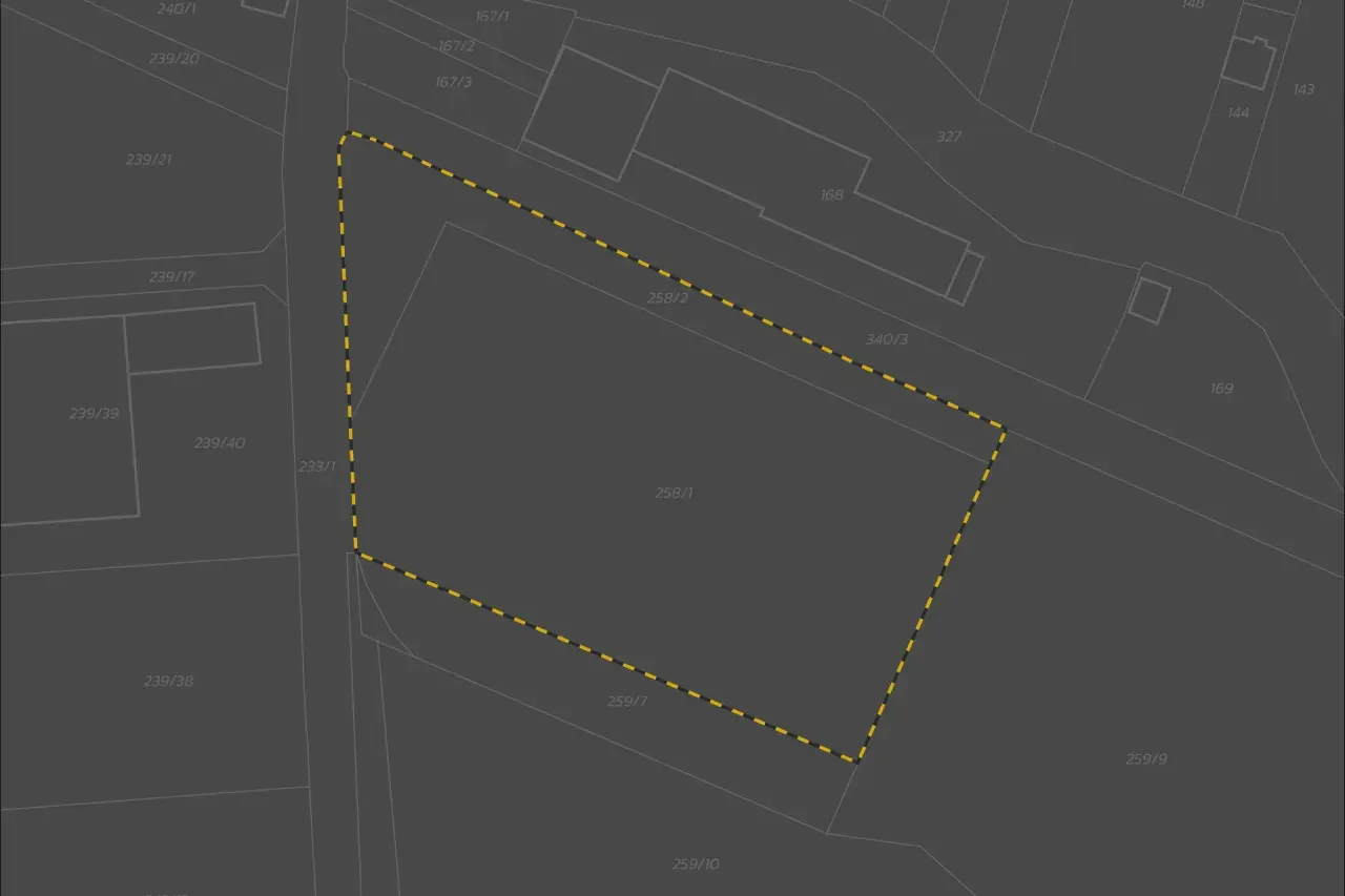 Mapa ewidencyjna z zaznaczoną działką 258/1. Jak znaleźć właściciela działki? Sprawdź numer ewidencyjny i sąsiednie działki.