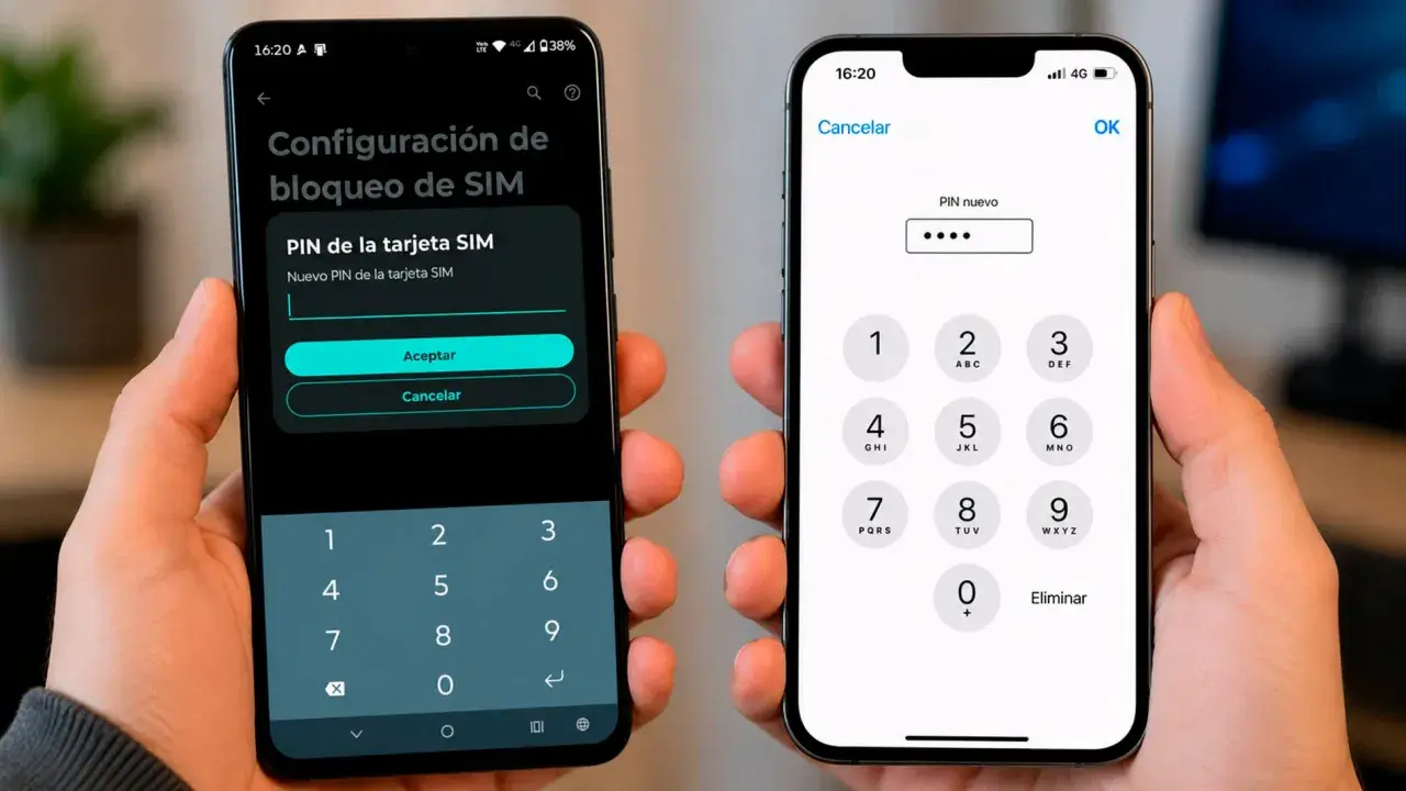 Dos manos sostienen teléfonos. Uno muestra cómo cambiar el PIN de la tarjeta SIM. El otro, un iPhone, pide un PIN nuevo.