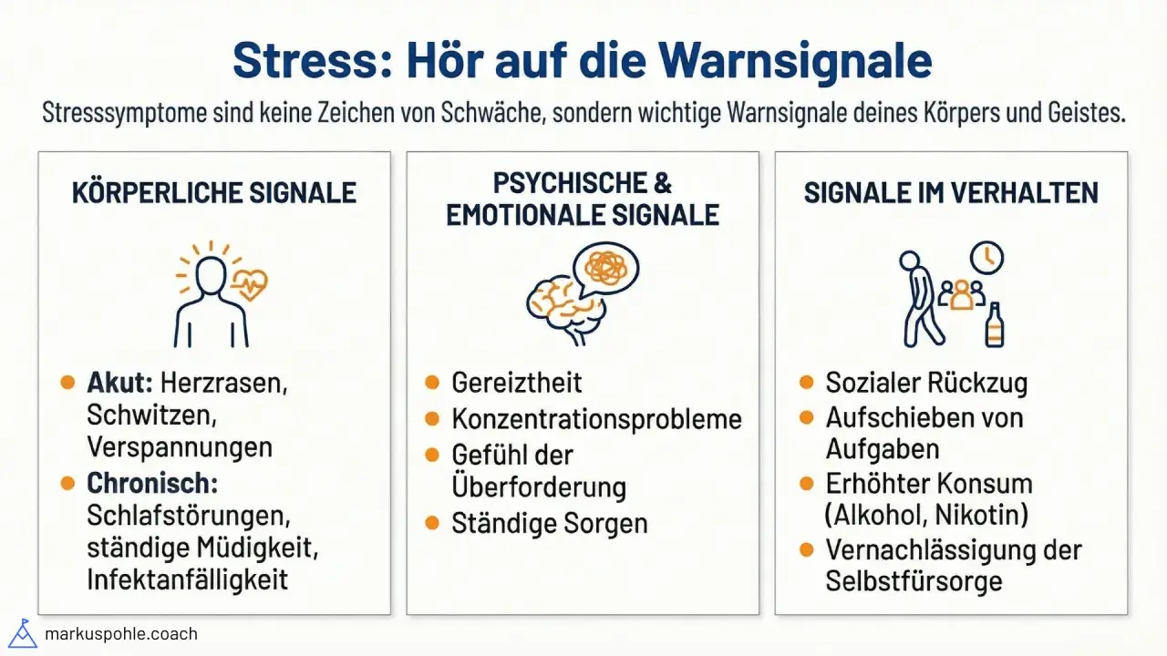 Stress erkennen: Körperliche, psychische und Verhaltenssignale wie Herzrasen, Gereiztheit und sozialer Rückzug warnen dich.