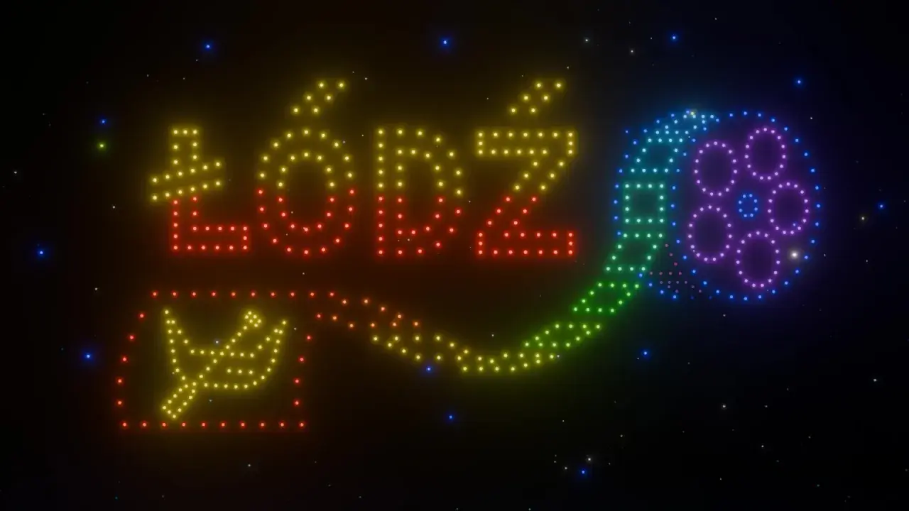 Niesamowite pokazy świetlne tworzą napis "ŁÓDŹ" i symbol rolki filmowej z kolorowych świateł na nocnym niebie.