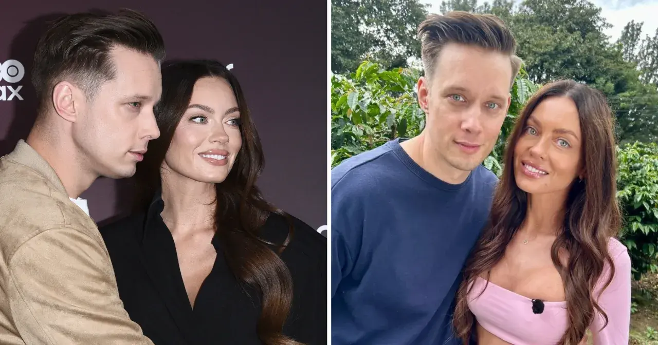 Edyta Zając z partnerem, uśmiechnięci, w dwóch różnych stylizacjach.