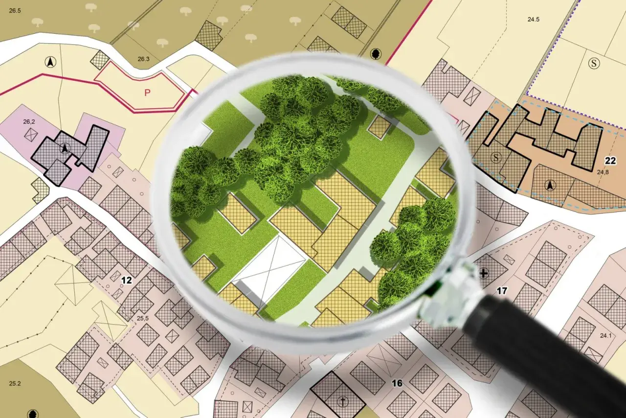 Plan d'urbanisme sous loupe, révélant des parcelles et des espaces verts. L'intérêt à agir en urbanisme est ici illustré par le détail des projets.