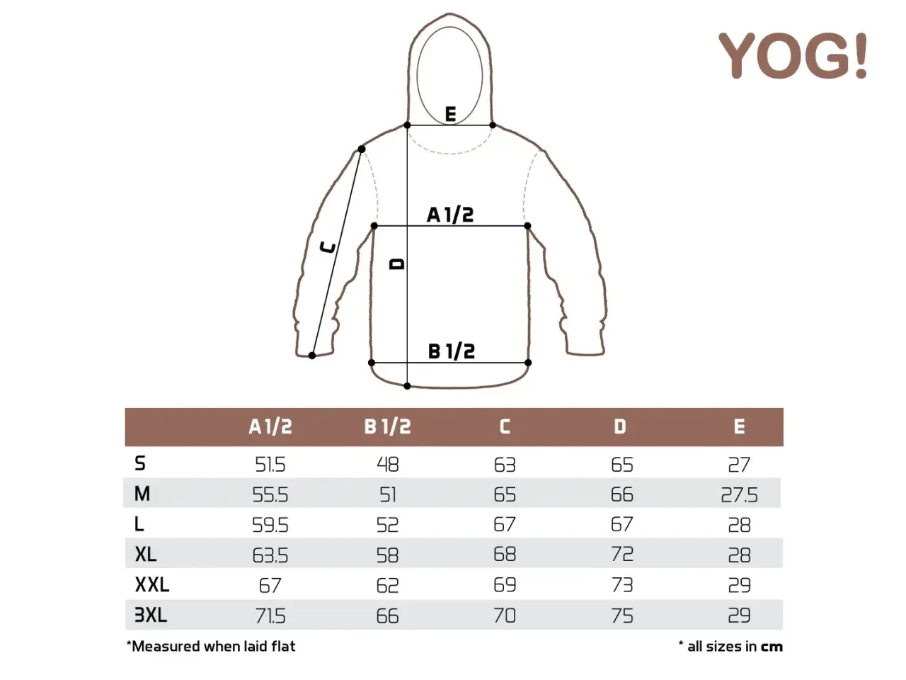 Tabela rozmiarów odzieży z oznaczeniami A1/2, B1/2, C, D, E. Komin leier wymiary podane w cm dla rozmiarów S-3XL.