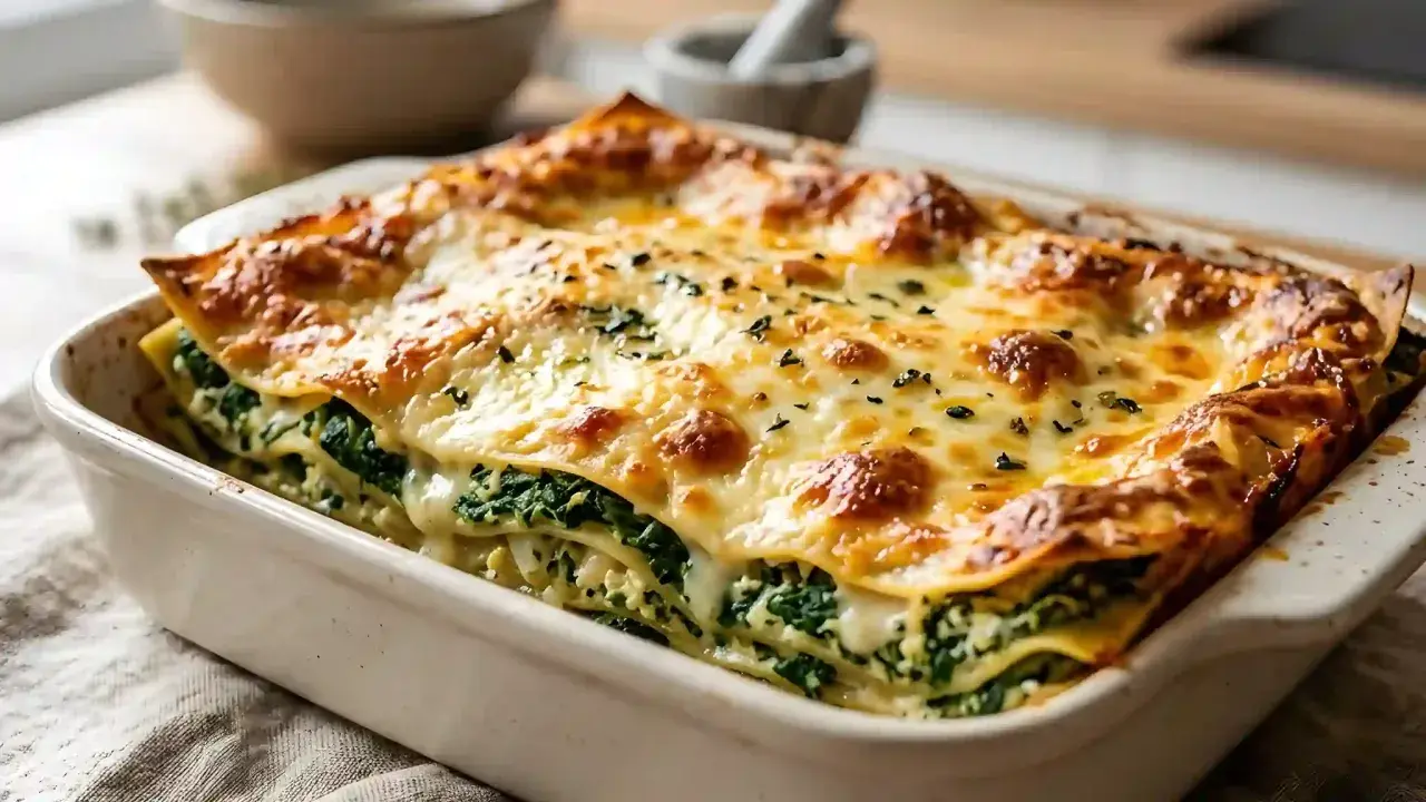 Lasagnes à la ricotta et épinards, une recette italienne réconfortante aux couches généreuses de fromage fondant et de verdure.