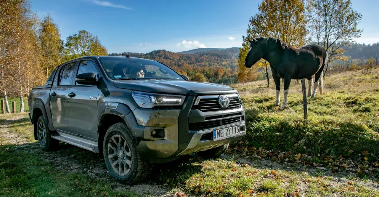 Toyota Hilux GR Sport na tle jesiennych wzgórz, obok stoi koń.
