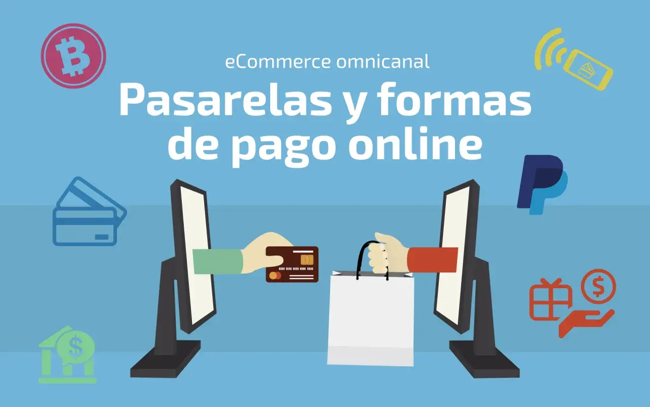 Ilustración sobre pasarelas y métodos de pago online, con iconos de Bitcoin, tarjetas, PayPal, banco y móvil.