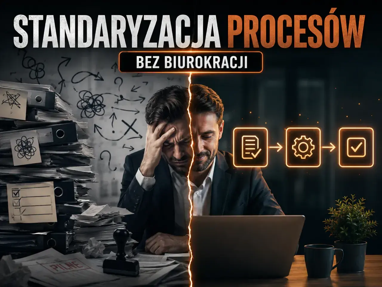 Mężczyzna przytłoczony stertą dokumentów po lewej, po prawej schemat procesów. Standaryzacja co to? Uproszczenie pracy.