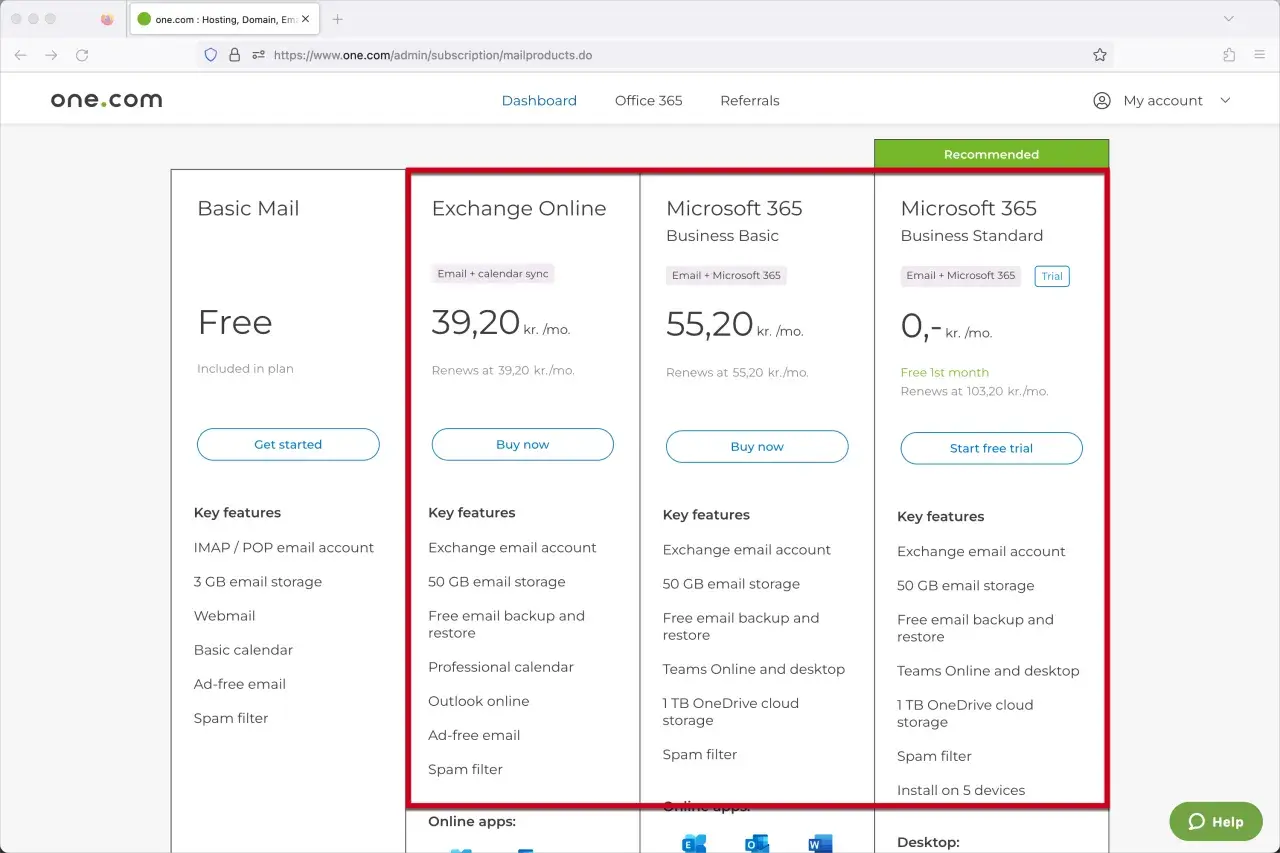 Comparatif des offres email : Basic Mail gratuit, Exchange Online à 39,20 kr./mois, et Microsoft 365 à partir de 0 kr. le 1er mois.