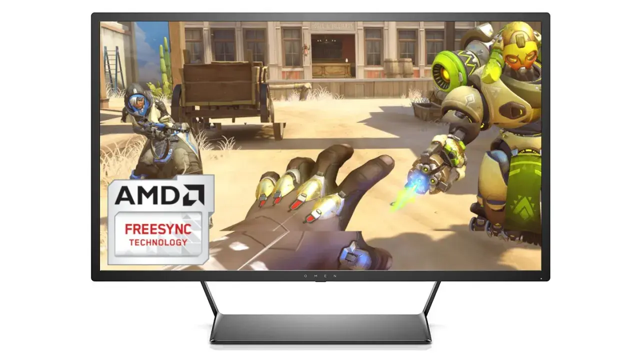 Gaming-Monitor mit AMD FreeSync Premium Technologie zeigt Charaktere aus Overwatch in actiongeladener Szene.