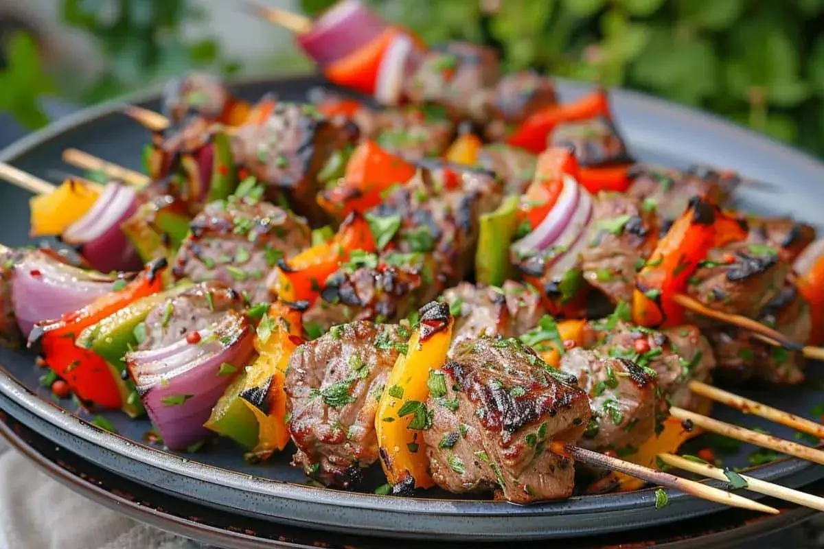 Brochettes d'agneau grillées, garnies de poivrons colorés et d'oignons rouges, parsemées de persil frais. Un délice estival !