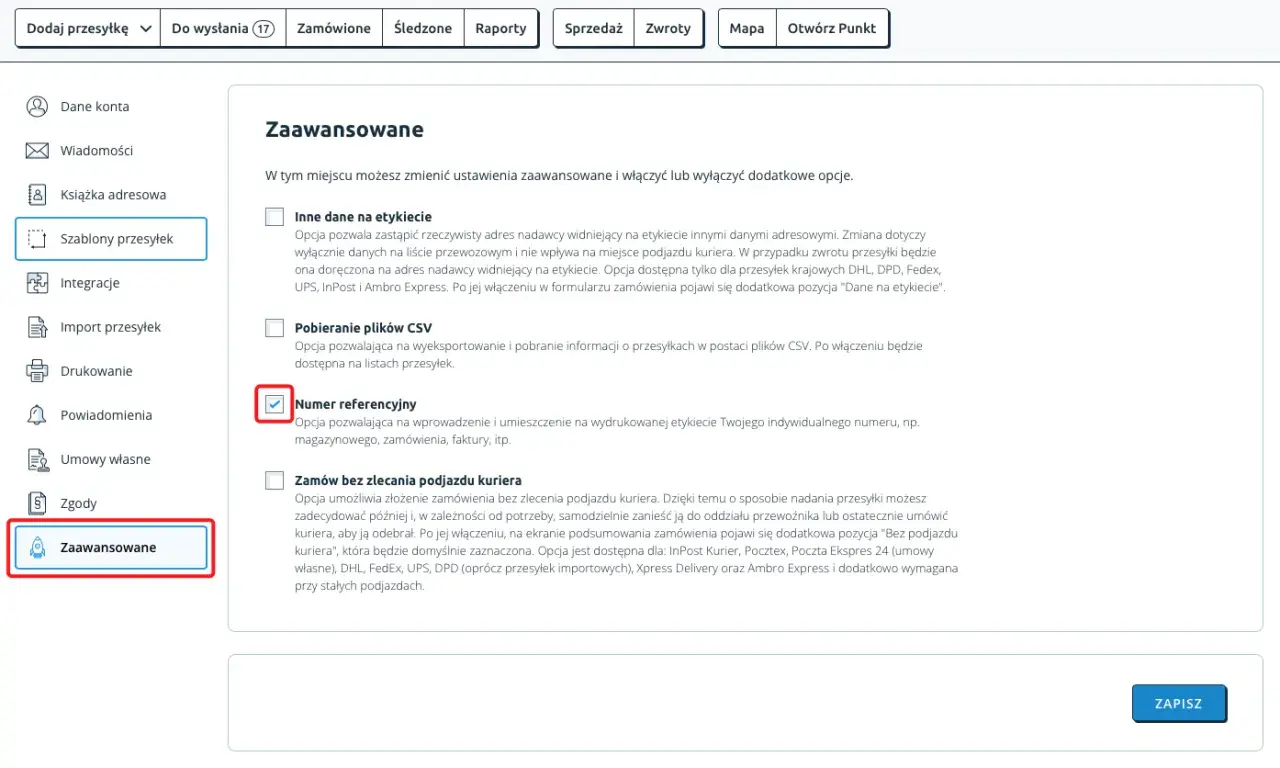 Ustawienia zaawansowane: włączony numer referencyjny, który może być dpd numer przesyłki na etykiecie.
